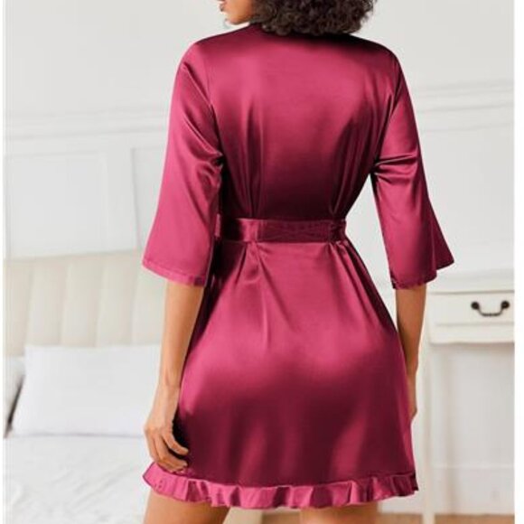 Women’s Wine Red Satin Kimono Robe Short Silk Feel Bridal Robe with Ruffled Hem - Picture 2 of 5